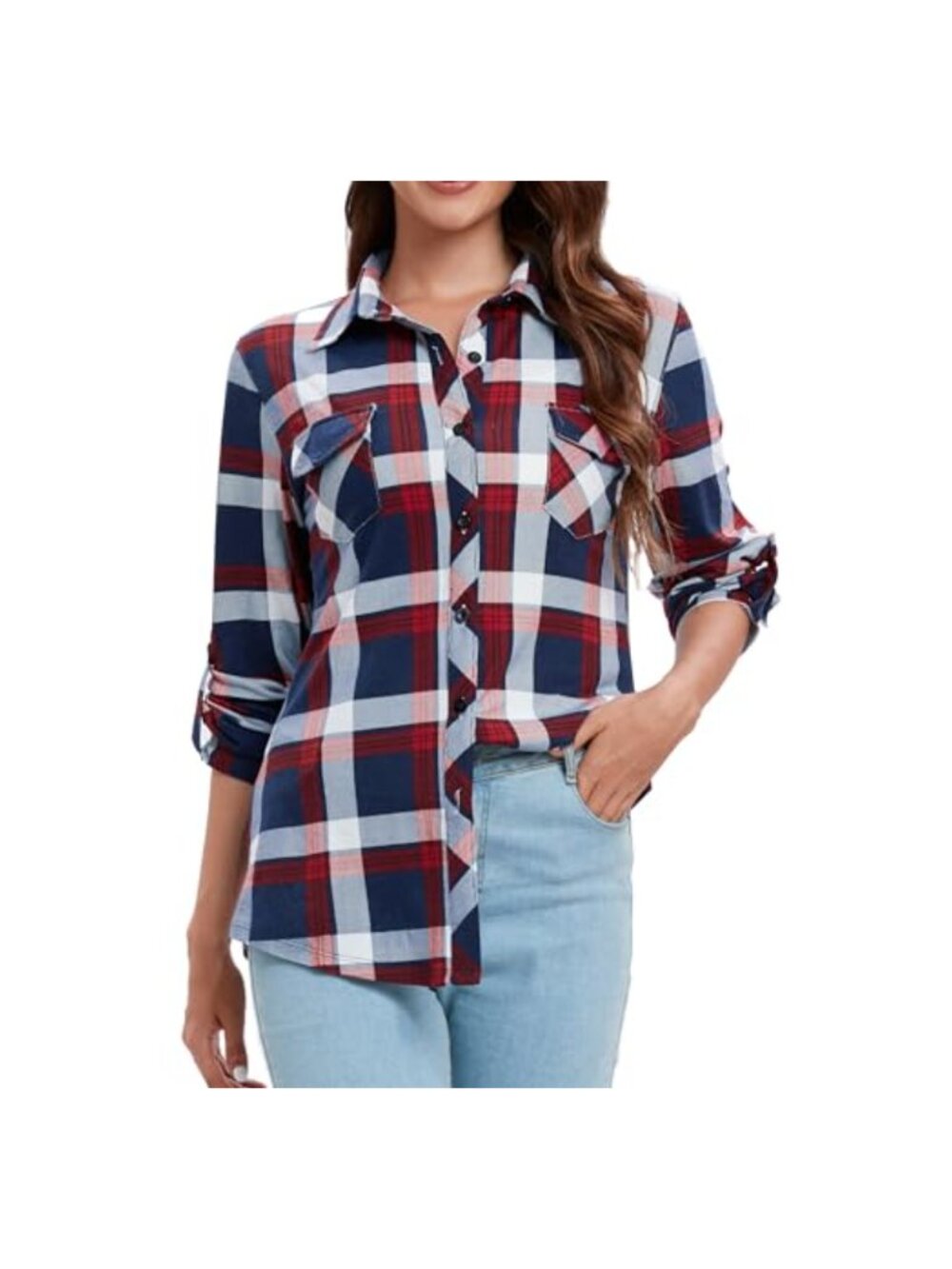 Women's Long Sleeve Plaid Button Down Shirt with Roll-Up Tabs